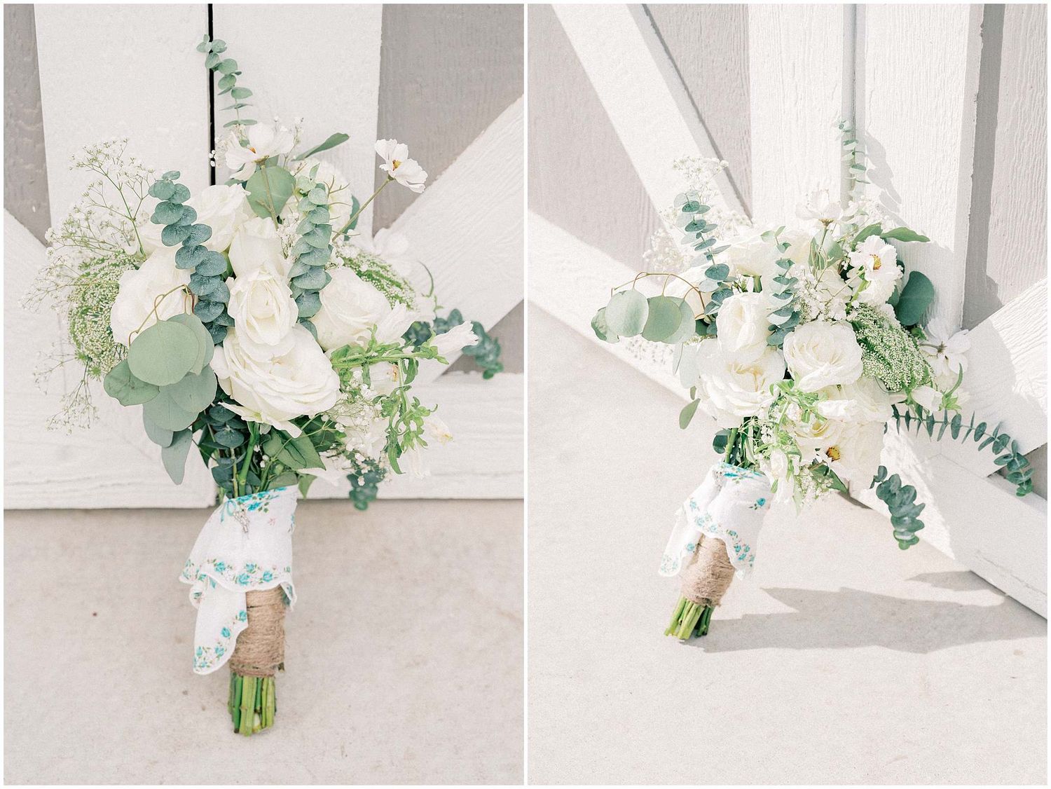 Collection of romantic white and green wedding bouquets featuring roses and eucalyptus arranged in different poses.