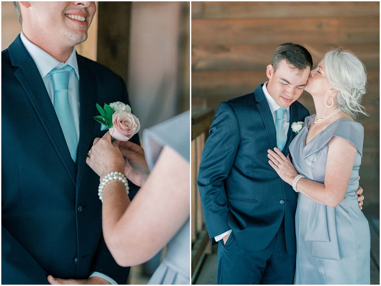 A romantic sequence of wedding photos showing tender moments between a couple in formal attire.