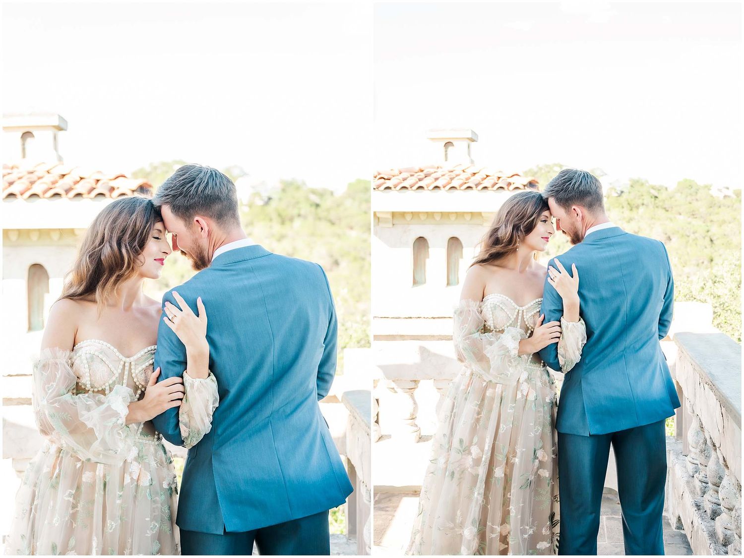 Couple in blue and white share tender moments against stone architecture.