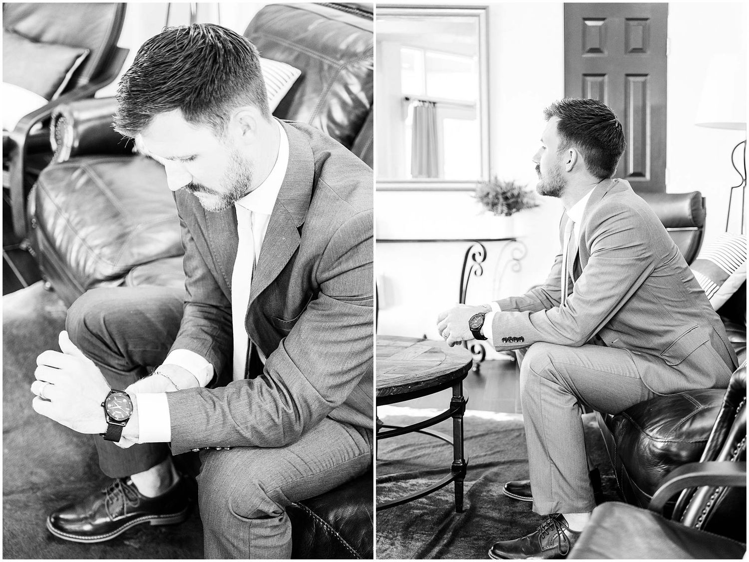 Series of black and white photos showing someone putting on formal shoes and getting dressed.