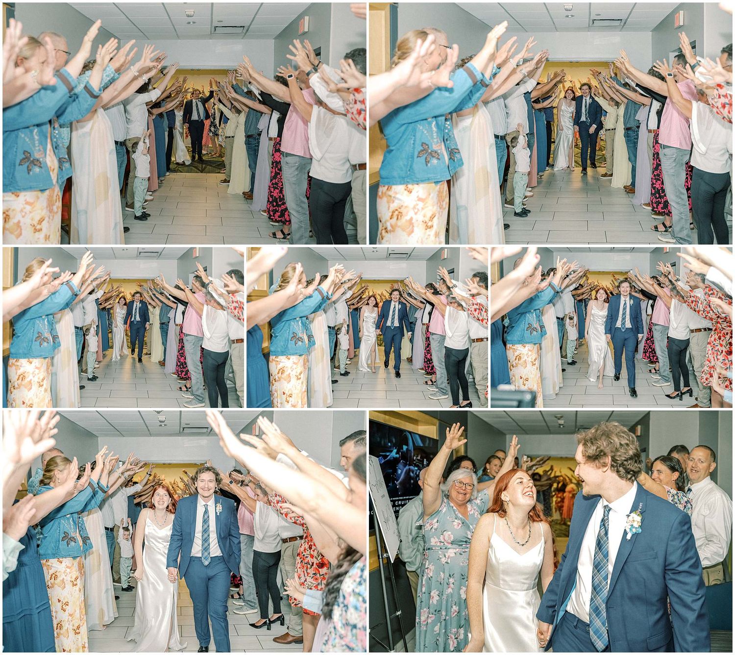 Wedding reception celebration with guests forming a tunnel arch for the newlyweds.