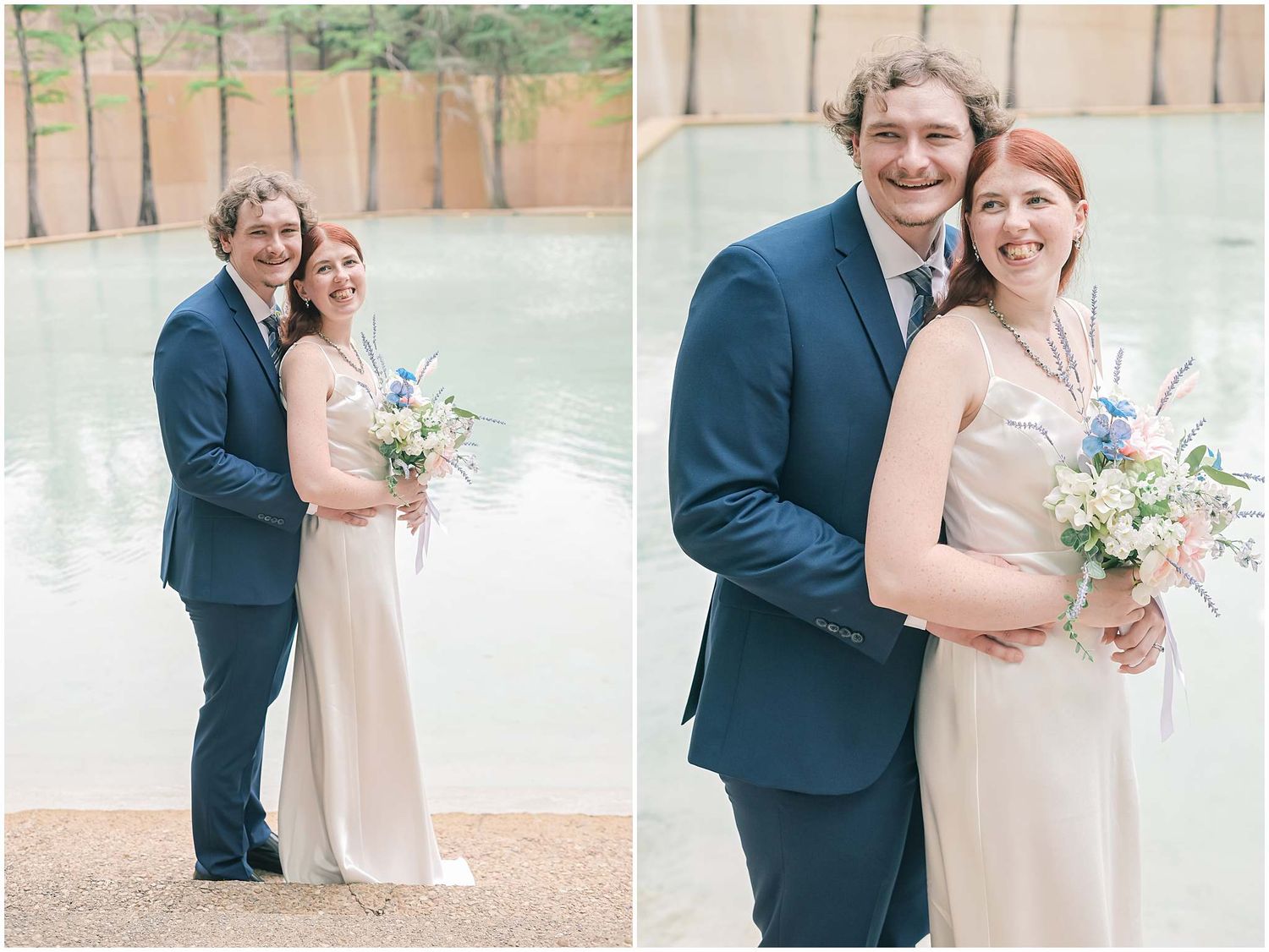 Wedding photography session featuring a couple in formal attire posing outdoors.