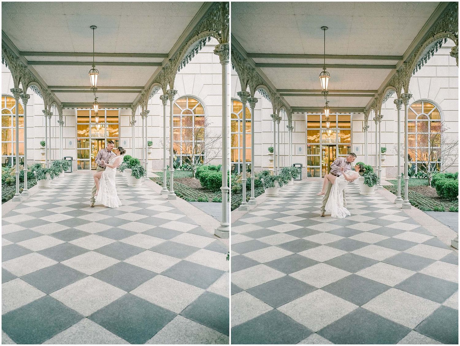 A couple poses in a grand hallway with checkered floors and ornate columns in a side-by-side comparison.