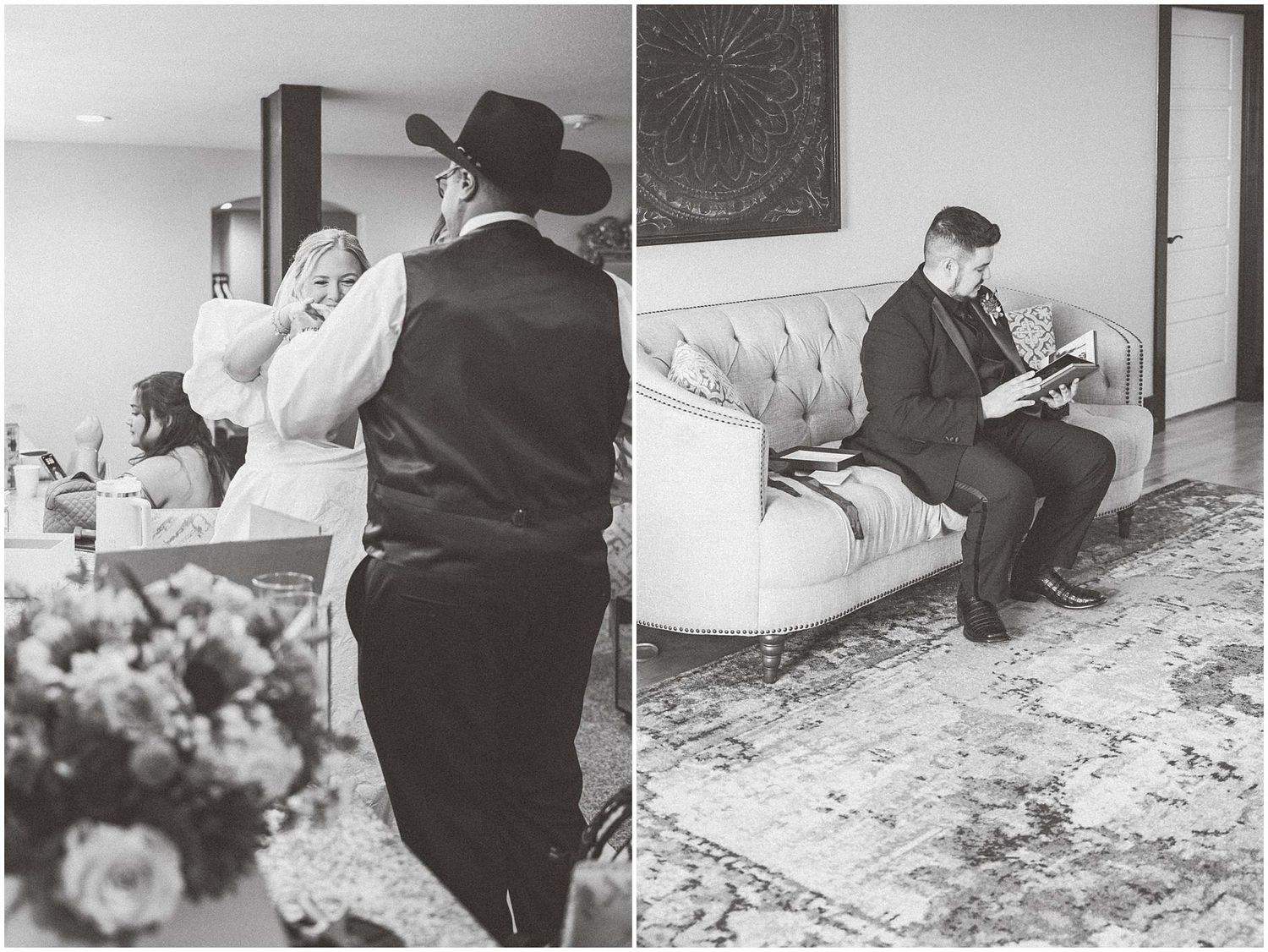 Black and white photos capture intimate wedding preparation moments in a bridal suite.