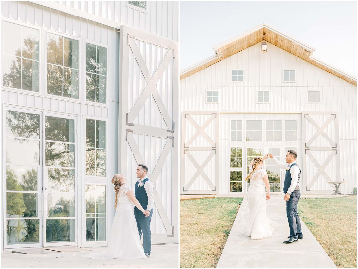 Modern white barn wedding venue exterior with large windows and rustic details.