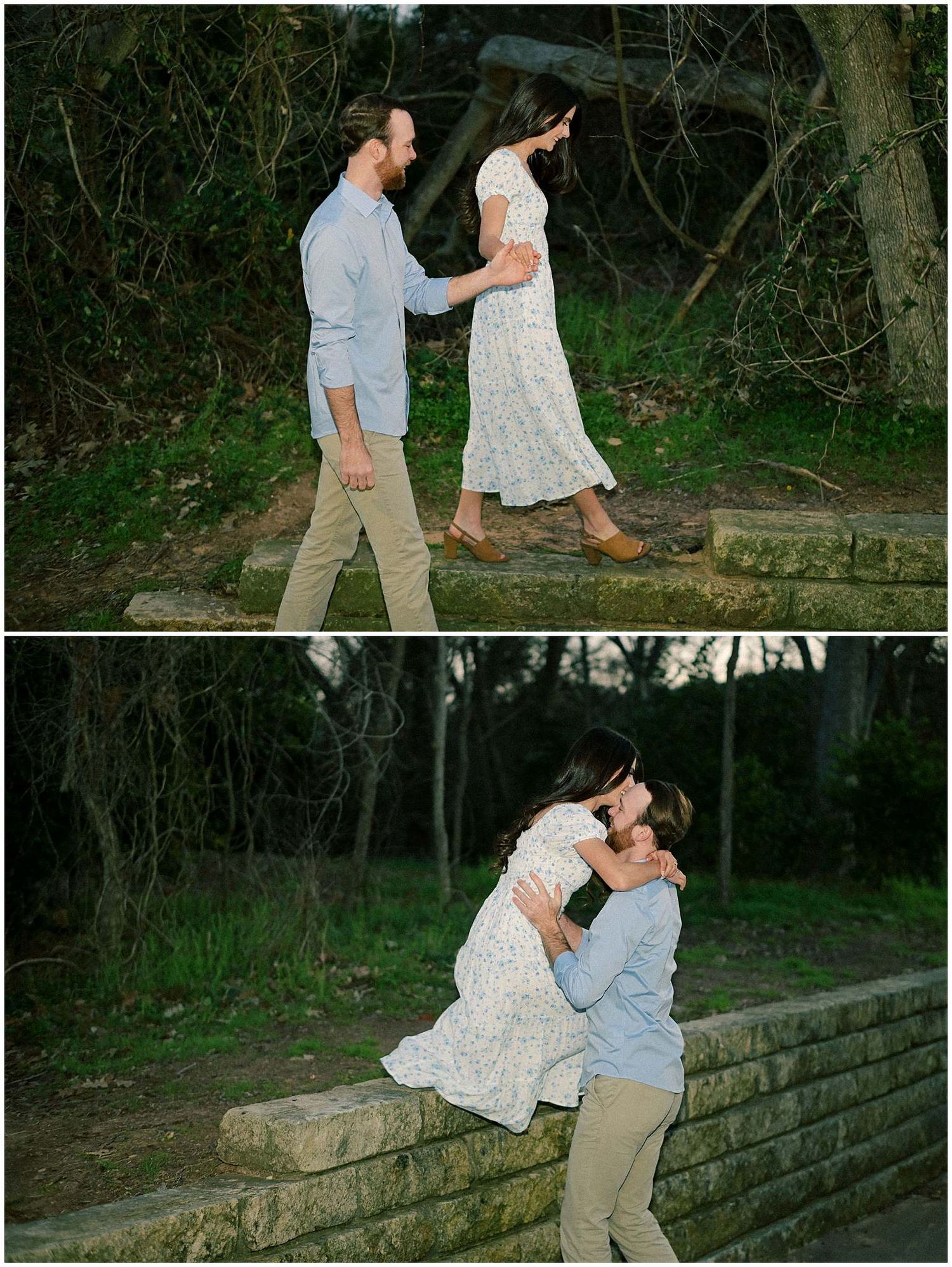 A couple enjoys intimate moments together while sitting on a stone wall surrounded by trees and natural scenery.