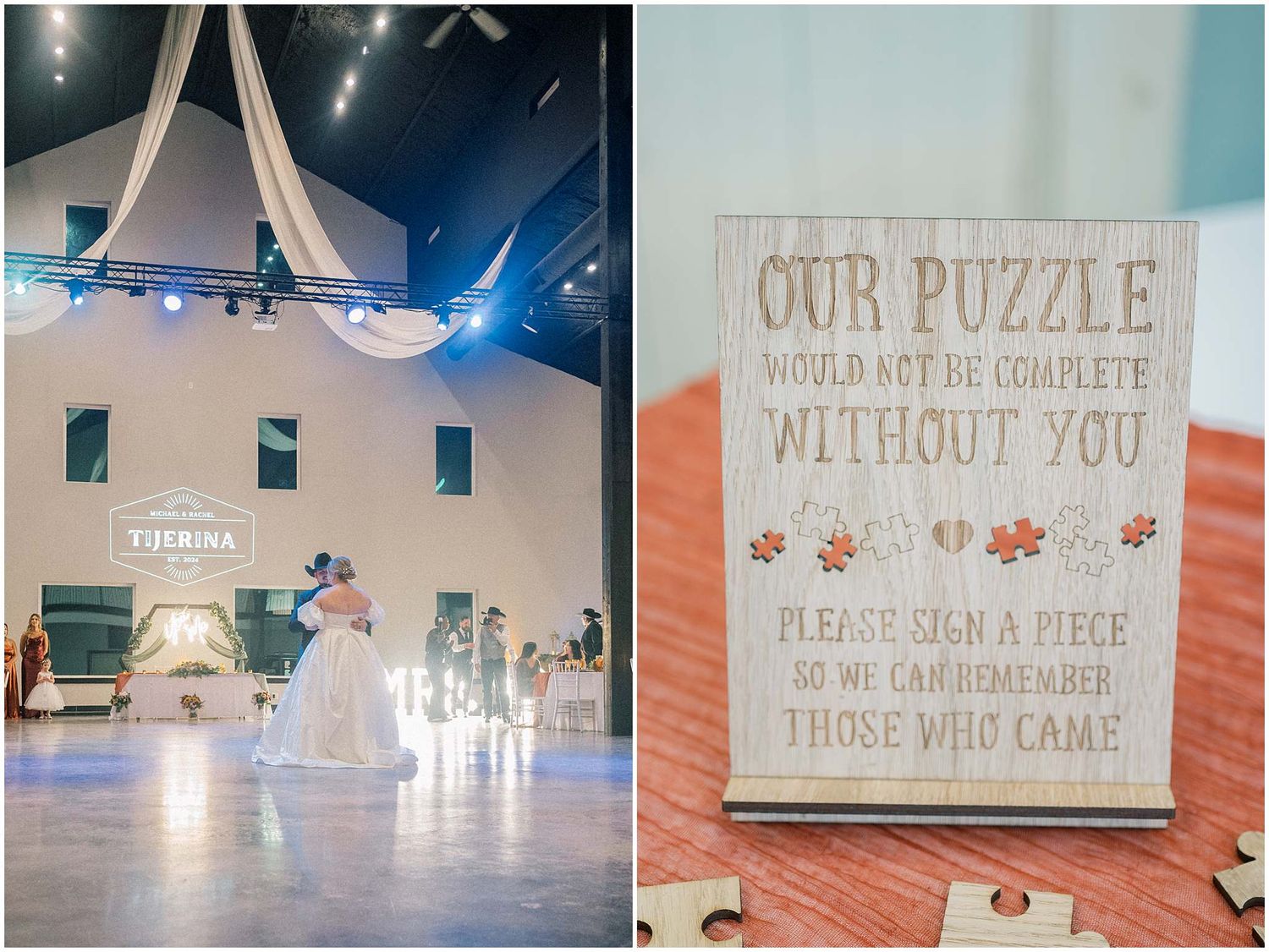 A wedding reception venue with a dance floor and puzzle piece guest book sign for guests to participate in.