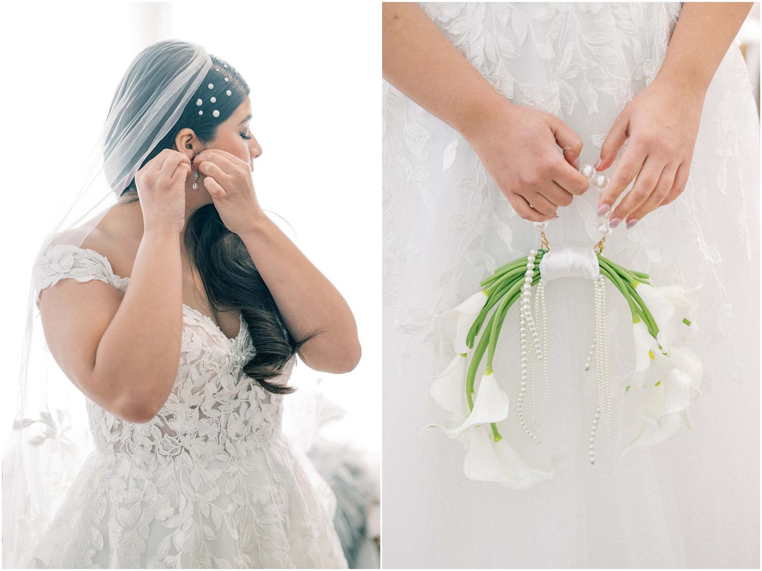 A bride in a white lace wedding dress holds a delicate bouquet of calla lilies against a light background.