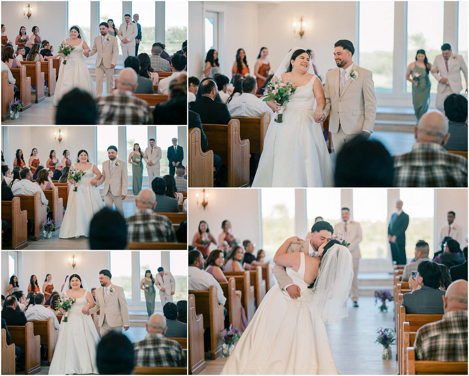 Wedding ceremony and reception moments captured in a bright indoor venue with guests.