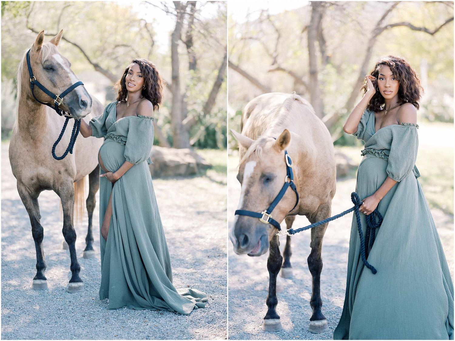 Beautiful engagement photos with a horse in a natural outdoor setting.