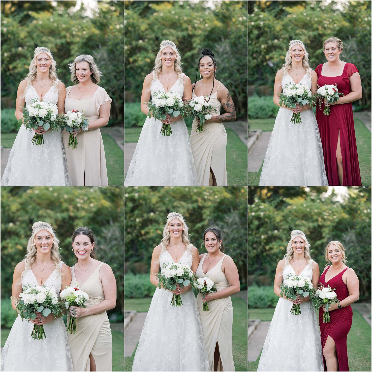 Wedding party members in burgundy and beige dresses pose with white floral bouquets outdoors.
