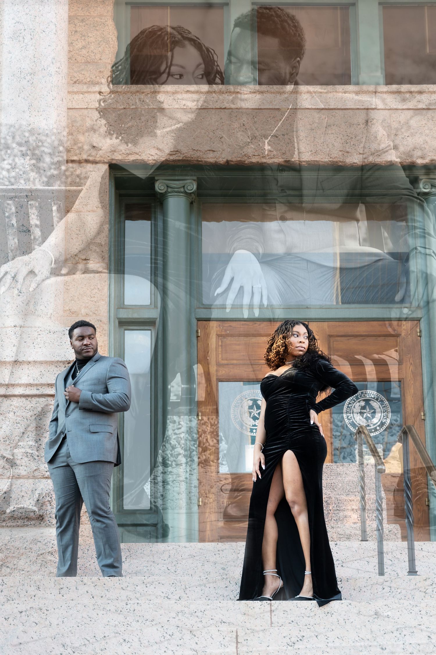 A man in a gray suit and woman in a black gown pose elegantly outside a building with a double exposure effect.
