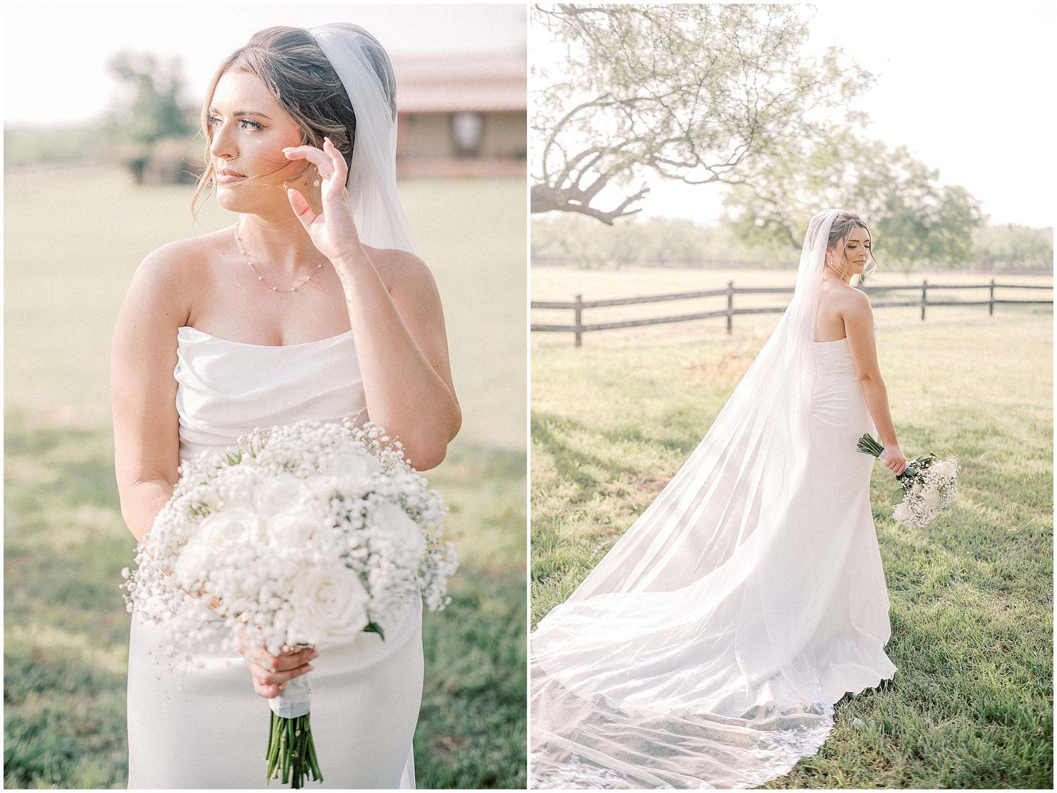 Elegant bride in flowing white gown poses with bouquet against rustic fence backdrop.