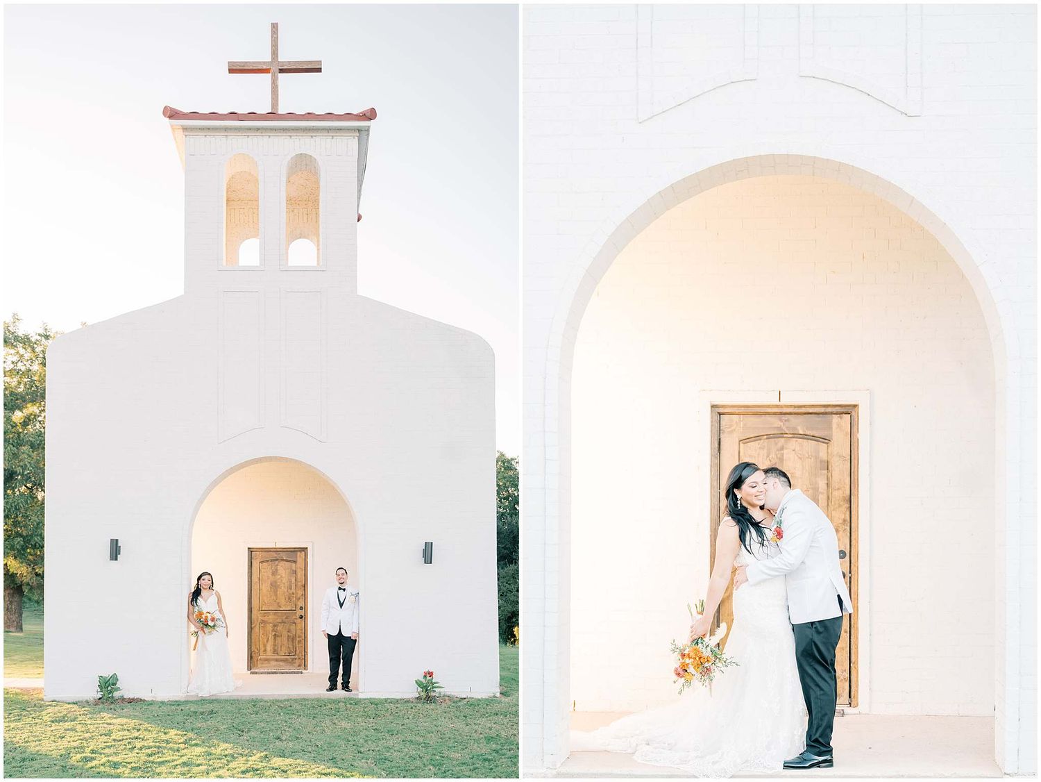 Wedding portraits at a white Spanish mission church with arched walkways and wooden doors.