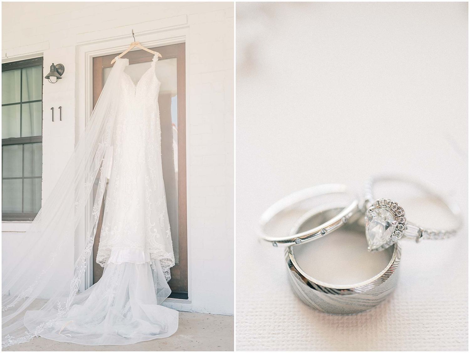 Wedding dress and bridal accessories displayed against white walls in natural light.
