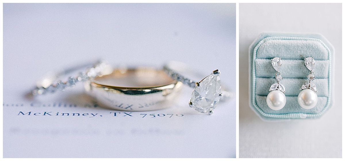 Wedding day accessories including rings, jewelry and delicate details in soft lighting.