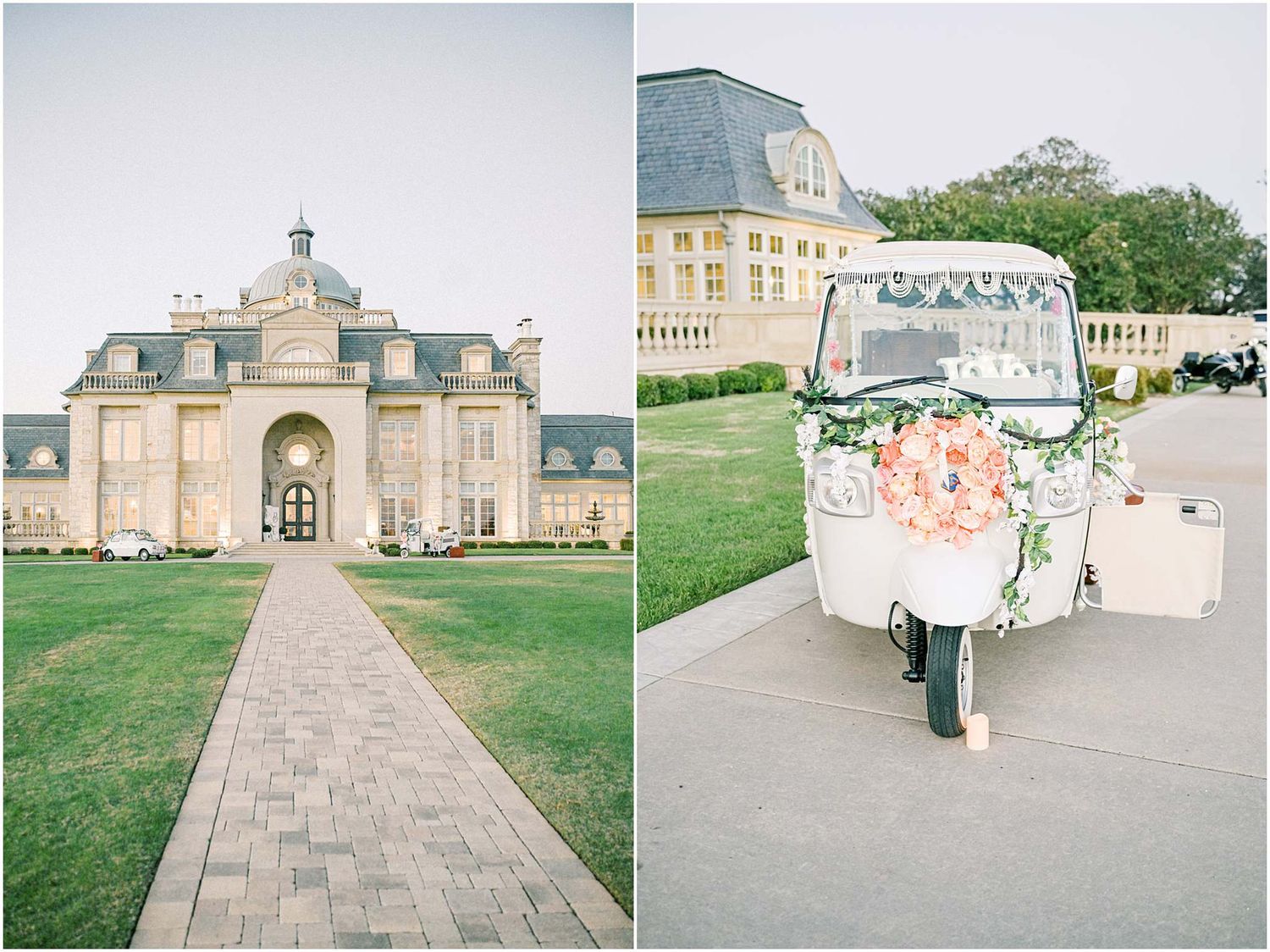 Elegant mansion venue with stone pathway and decorated golf cart for wedding transportation.