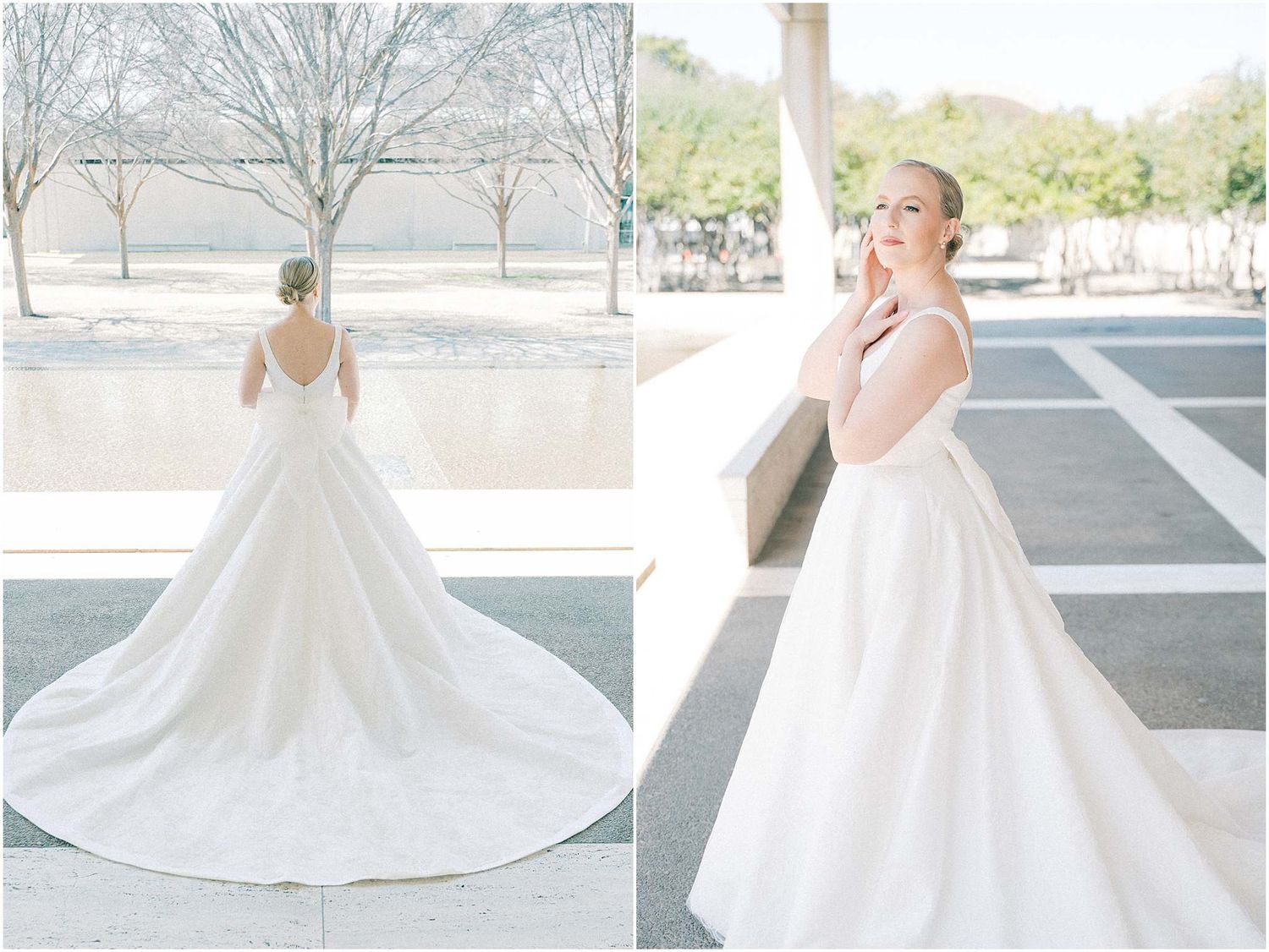 Elegant white wedding dress with full skirt twirling in outdoor setting with natural lighting.