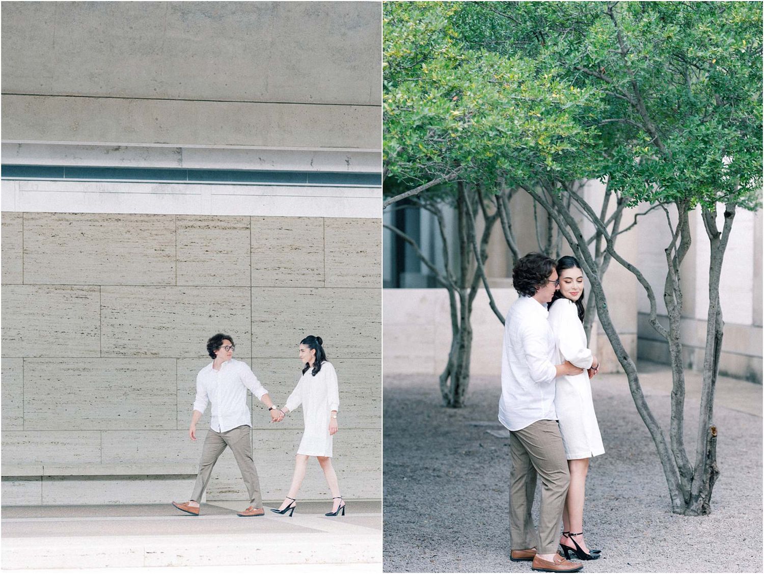 Couple in white clothing walking and posing along outdoor colonnade with greenery.