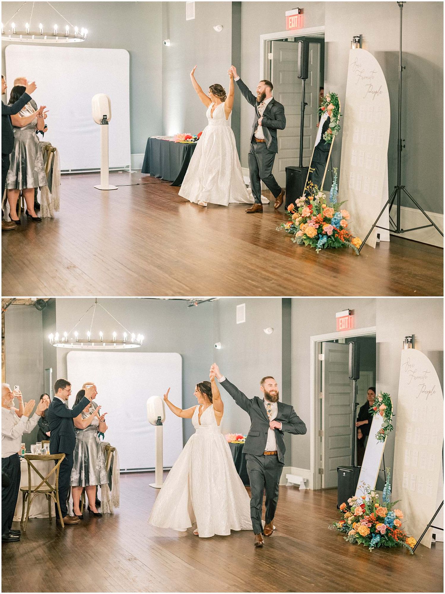 Wedding reception dance floor moments captured in a bright industrial-style venue.