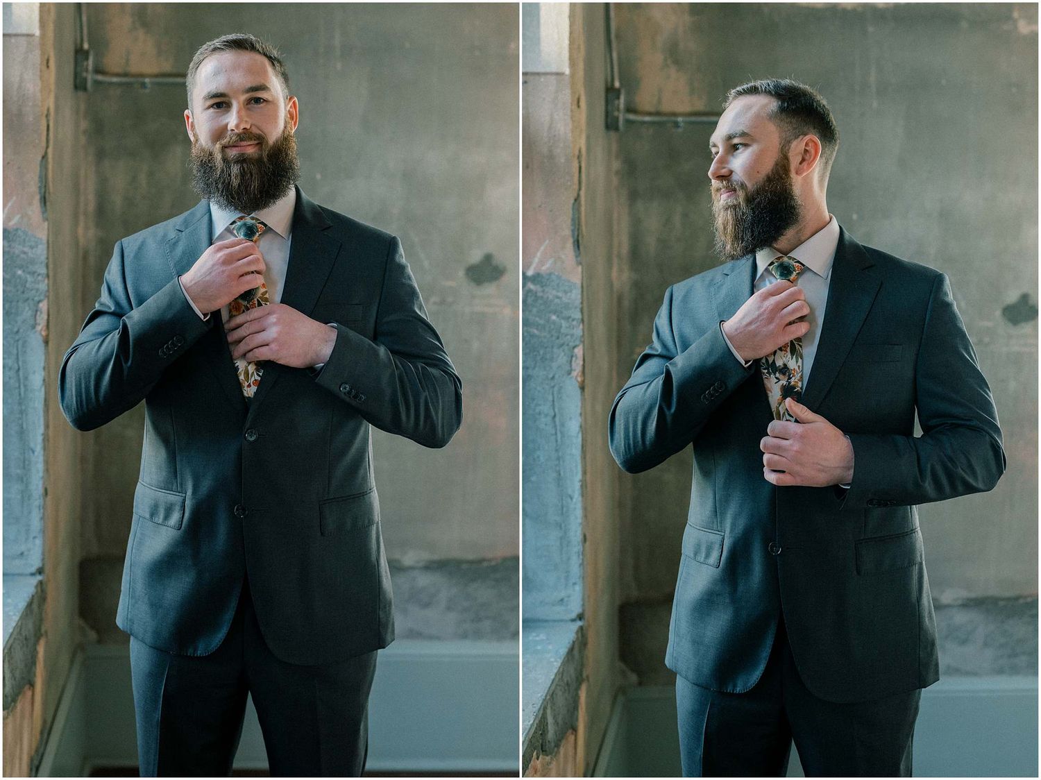 Series of groomsmen adjusting their suits and ties in a rustic venue setting.