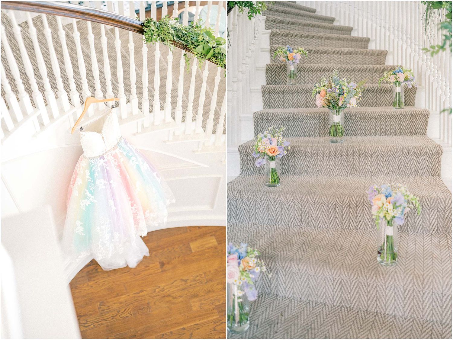 A pastel rainbow wedding dress and floral bouquets arranged on carpeted stairs create a dreamy wedding scene.