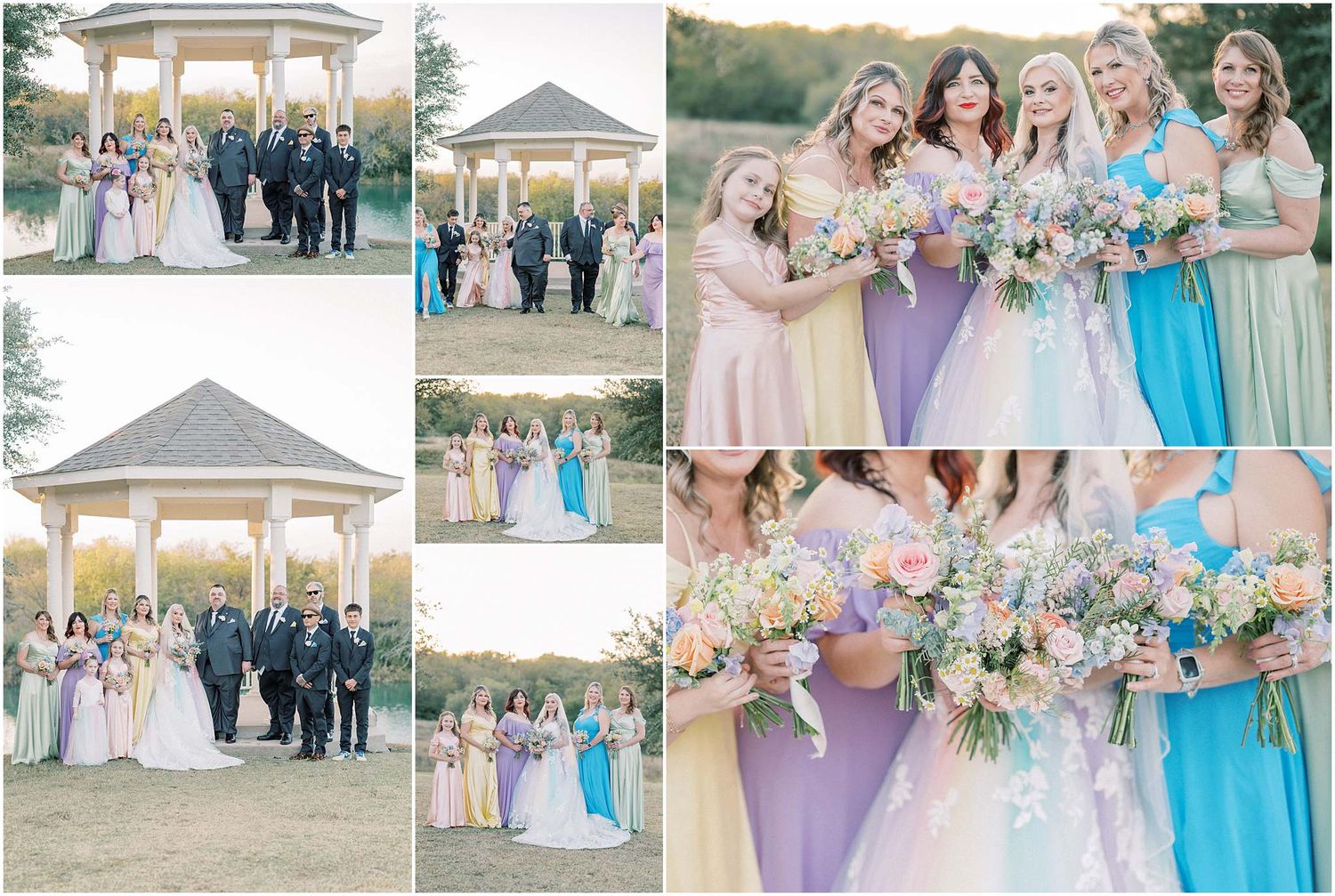 Wedding party photos at a gazebo with bridesmaids in pastel dresses holding floral bouquets.