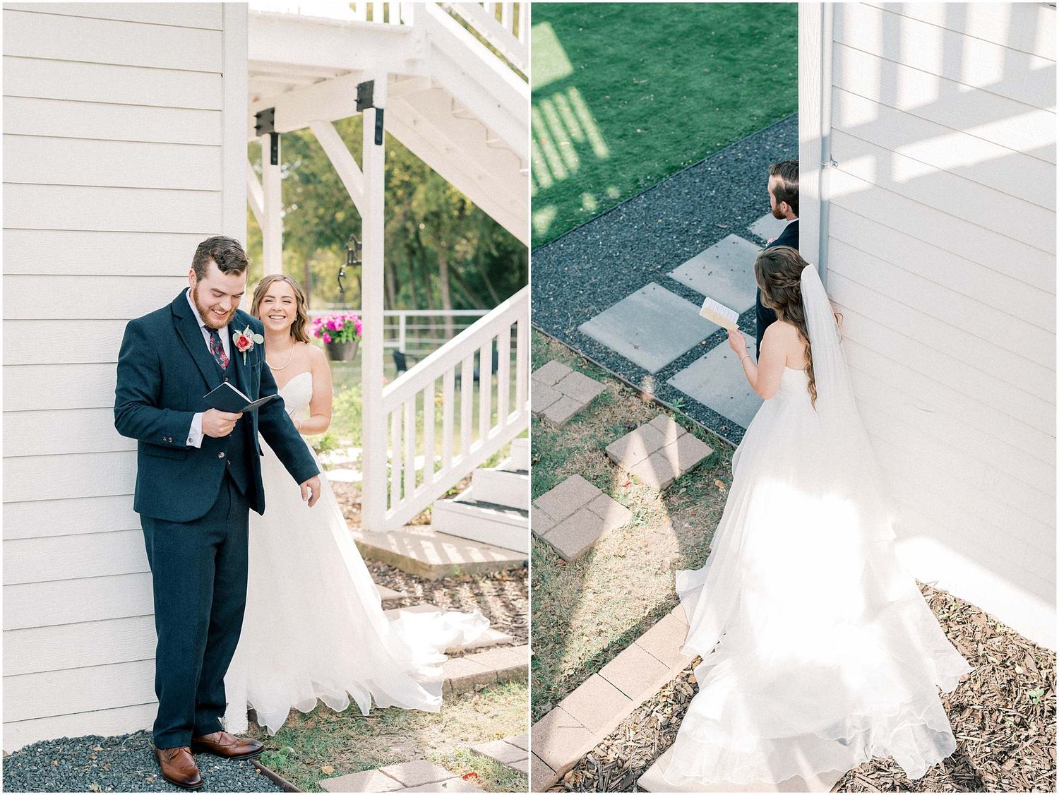 Wedding couple poses together on white porch steps in romantic outdoor setting.