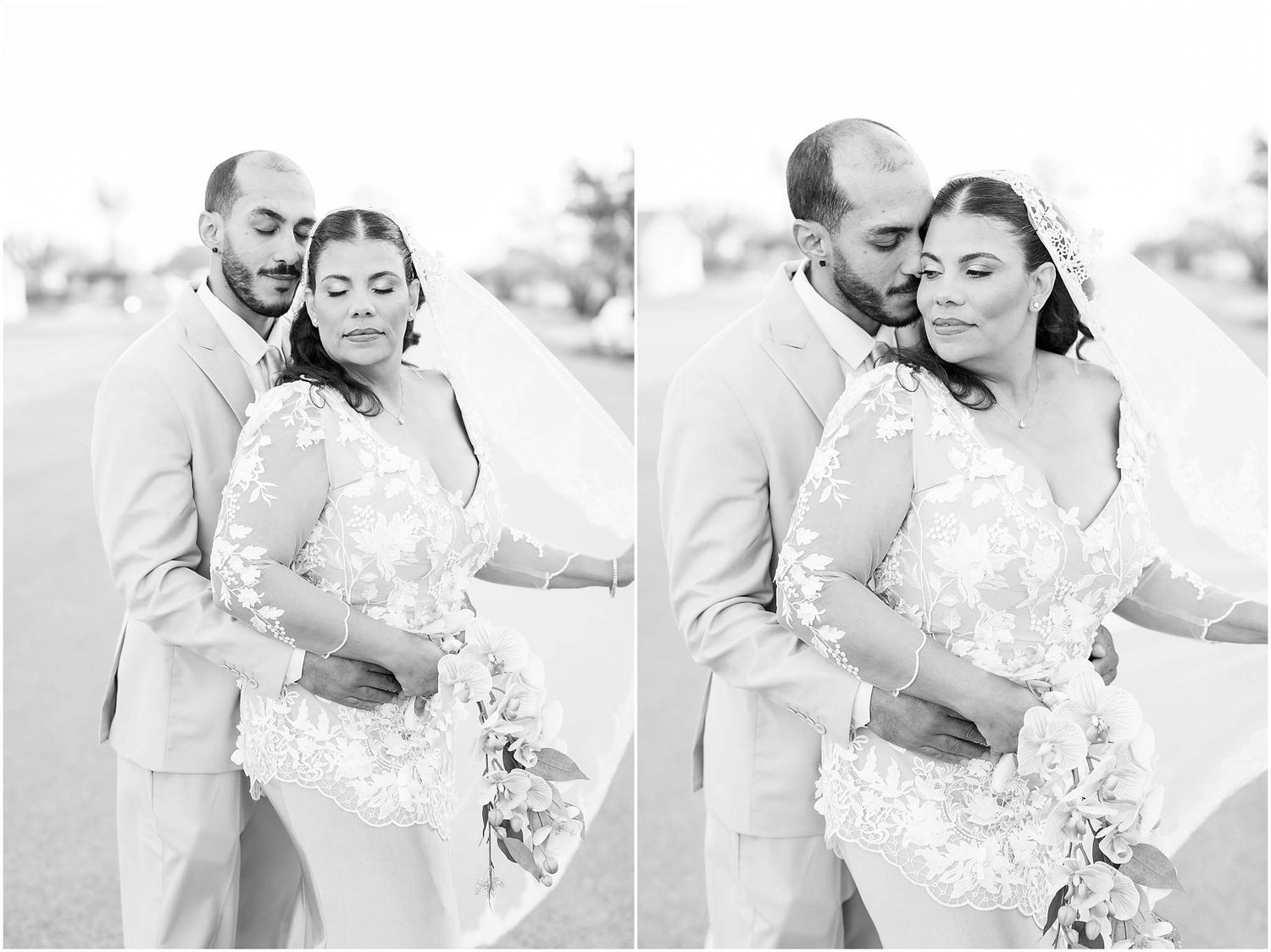 Black and white wedding portraits showing tender moments between newlyweds.