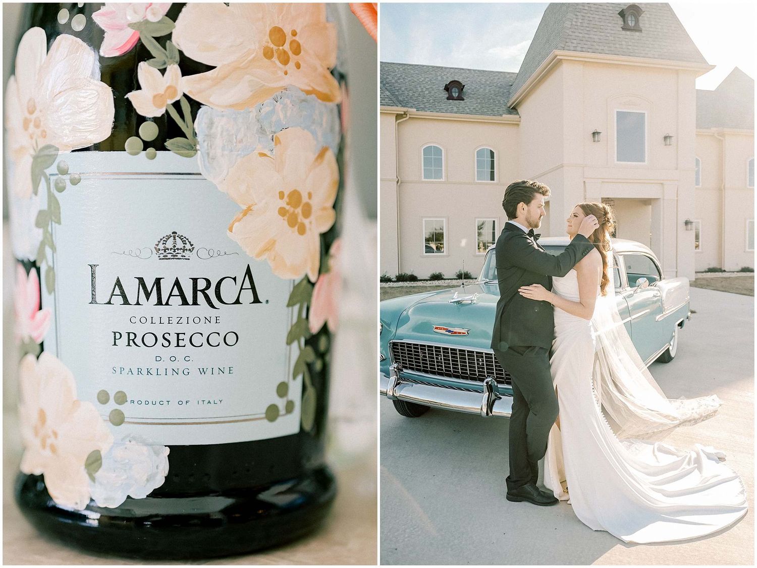 Wedding celebration details featuring prosecco bottles and vintage car decorations.