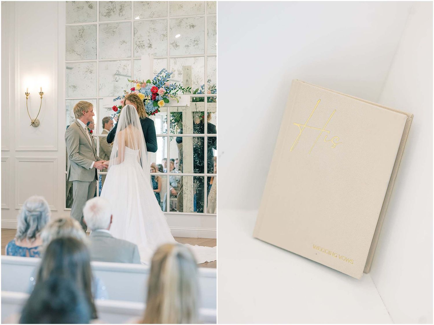 Bride and groom standing at the altar during a wedding ceremony with guests seated in white pews.