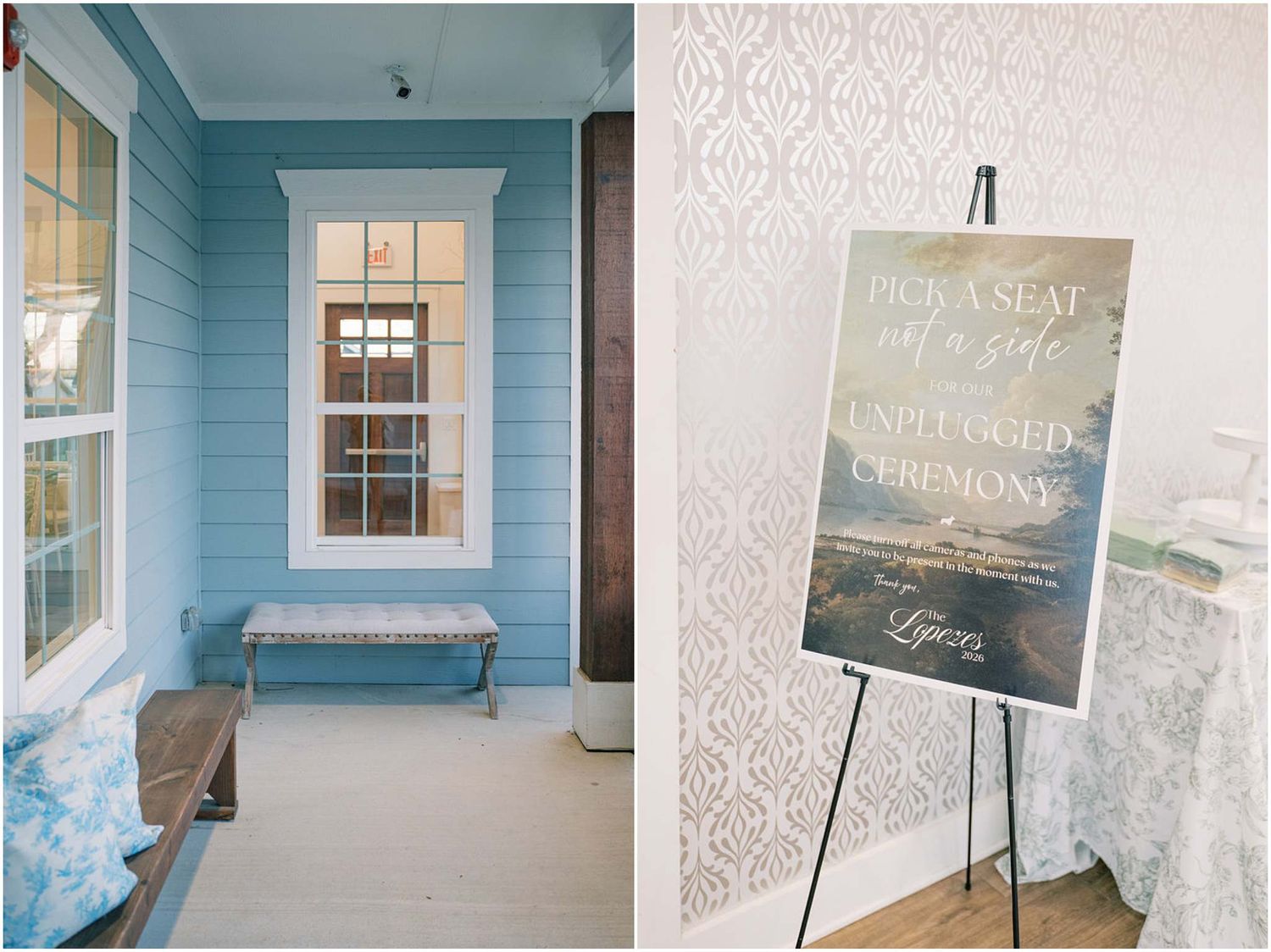 A collage of coastal home interior photos featuring blue walls, white trim, and beach-themed decor elements.