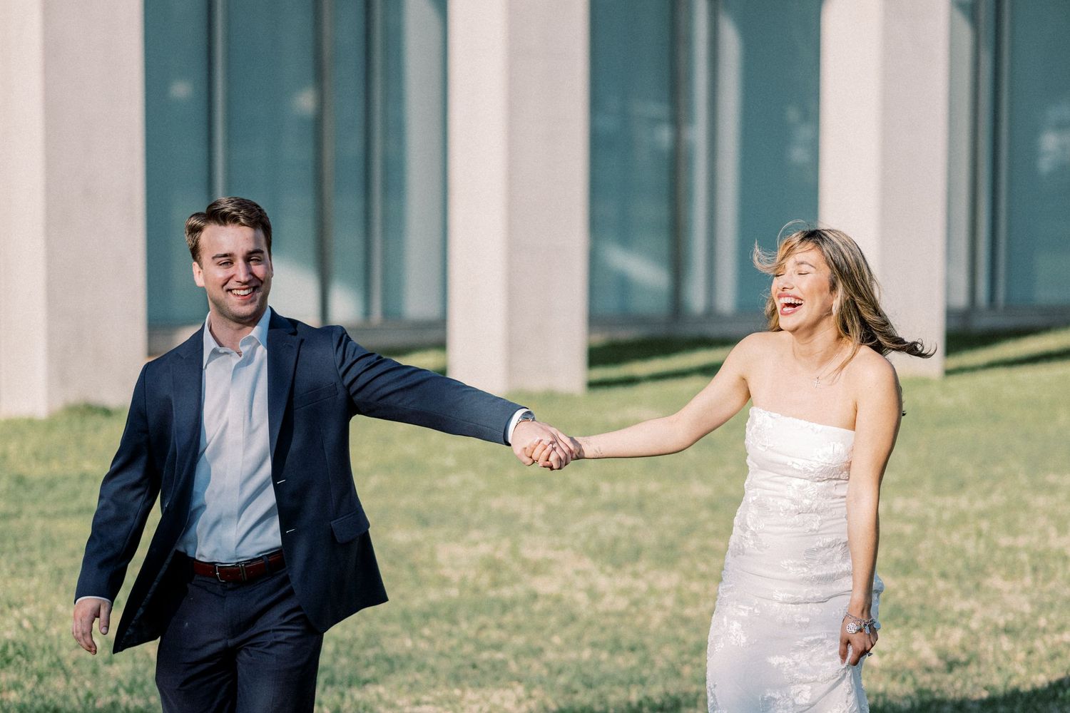 A series of wedding photos showing the bride and groom walking and dancing together outdoors on their special day.