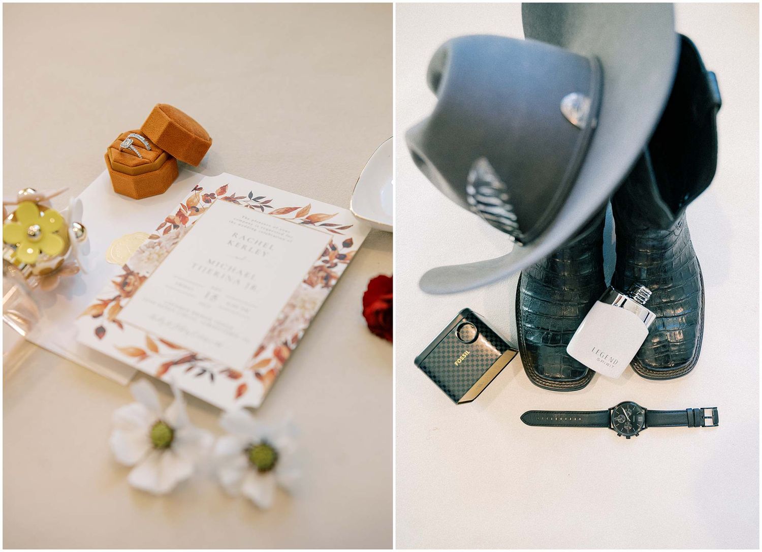 A collection of wedding invitation details and accessories arranged in a soft, neutral color palette.