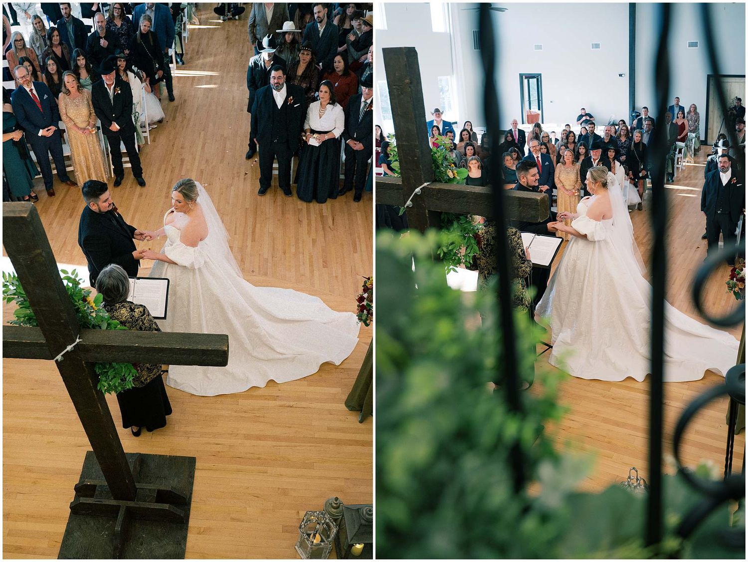 Wedding ceremony in progress showing side views of the couple at the altar with guests looking on.