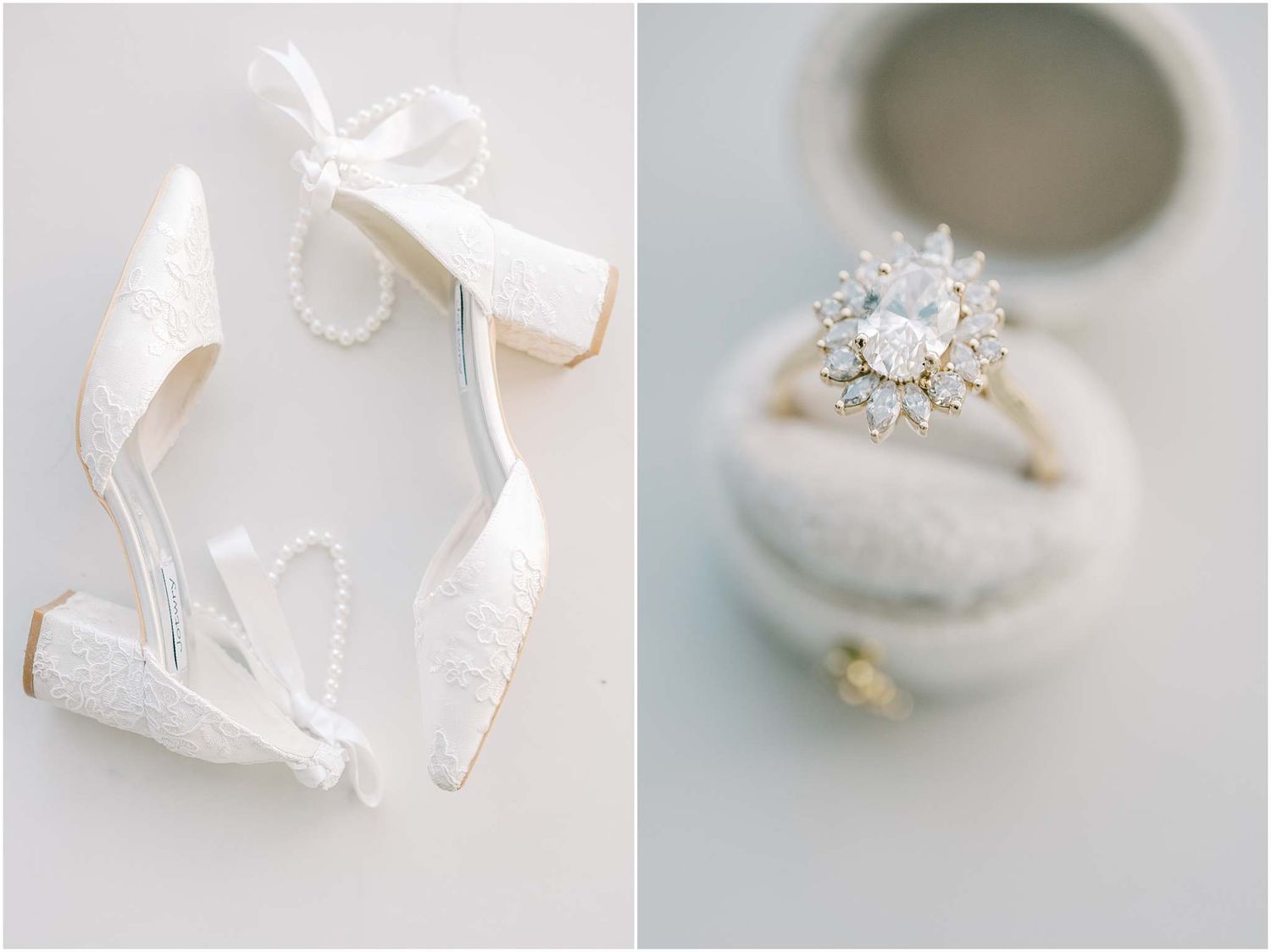 White bridal heels and sparkling engagement ring in romantic styled photography.
