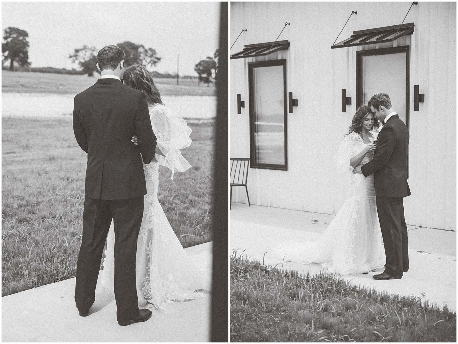 Black and white wedding photos showing intimate moments between newlyweds outside a modern building.