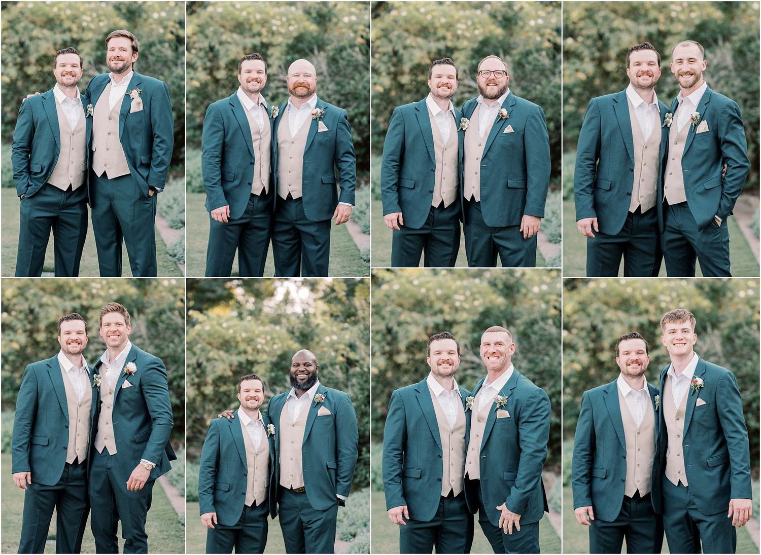 Groomsmen in navy suits pose together for formal wedding photos in an outdoor setting.