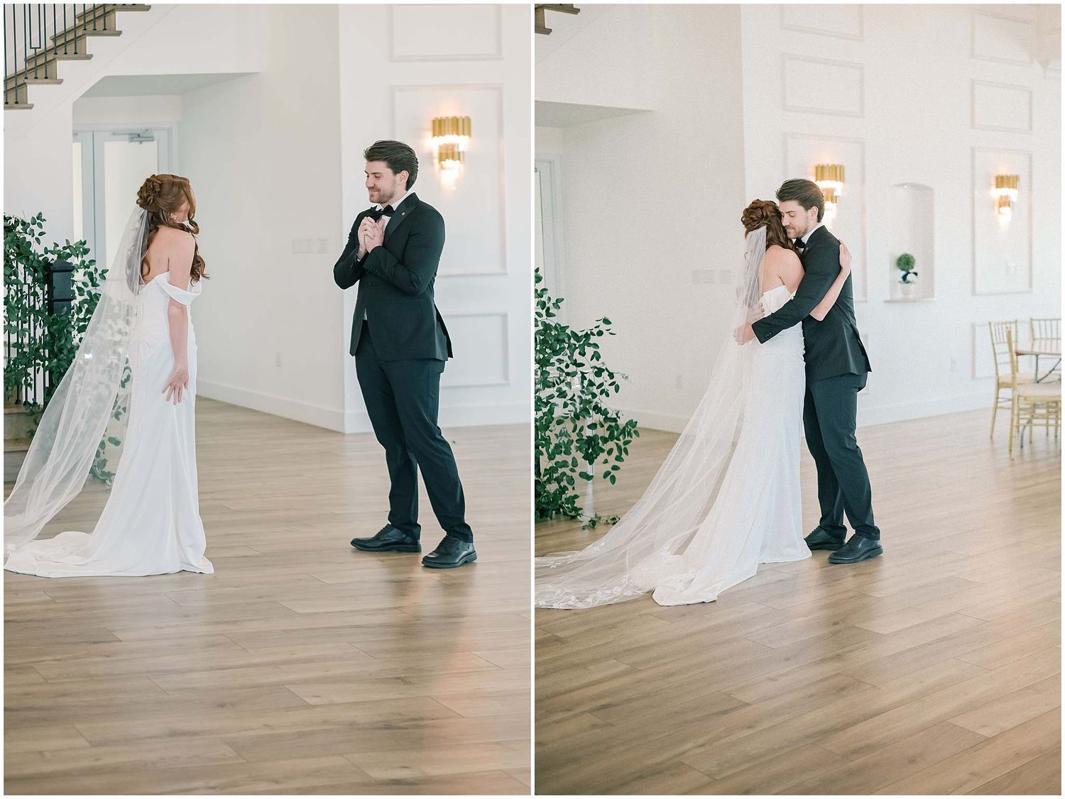 First dance moments captured in a bright indoor venue with white walls and wooden floors.