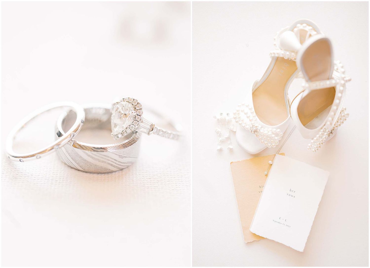 Elegant bridal shoes and accessories arranged on white background in soft lighting.