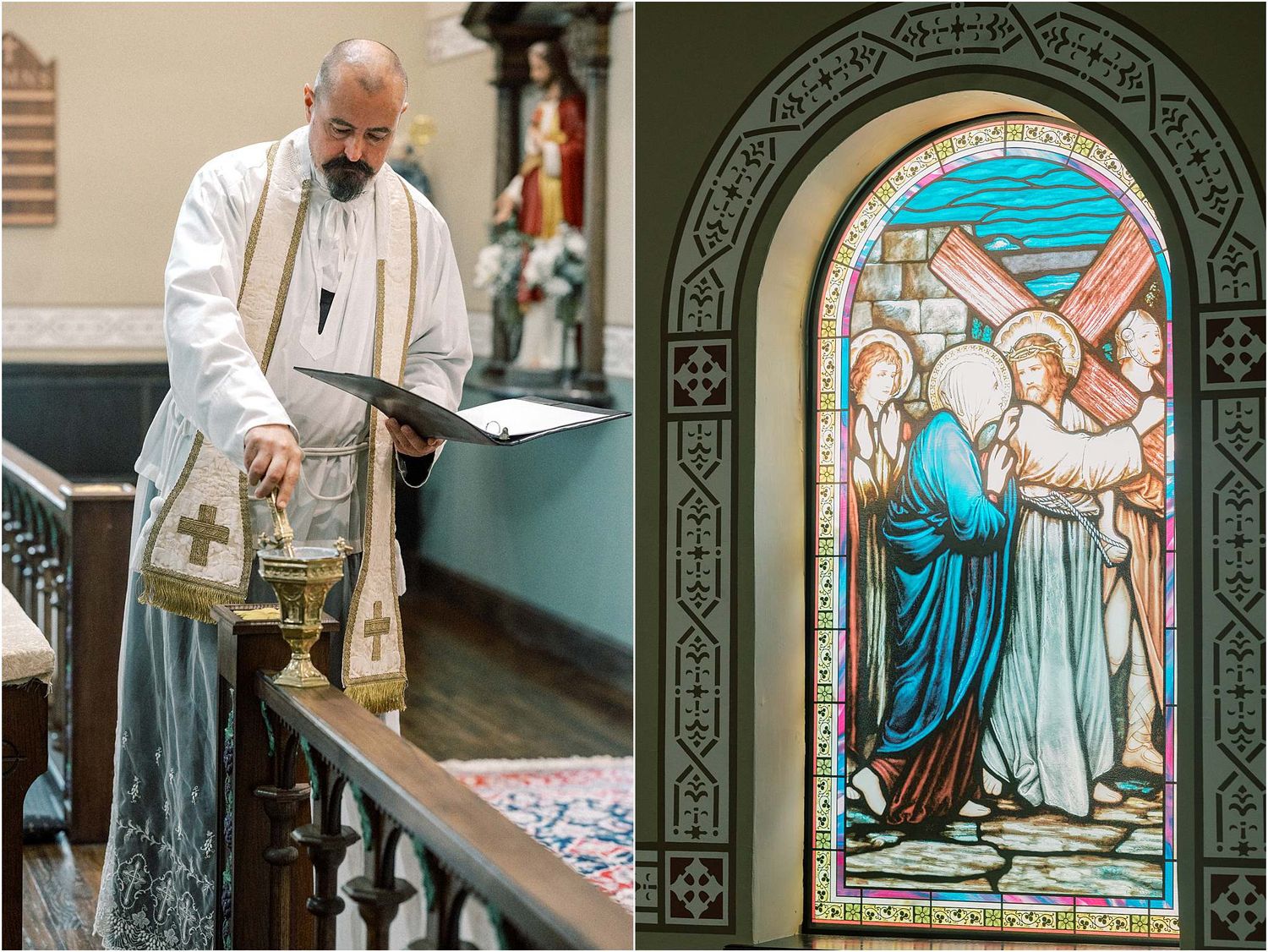 Stained glass windows and architectural details inside a traditional church during a wedding ceremony.