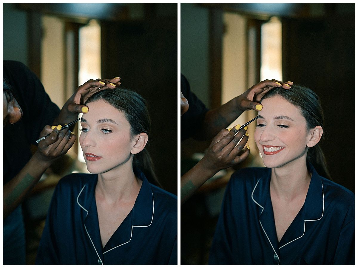 Getting ready sequence showing a person in navy blue robe during wedding preparations.