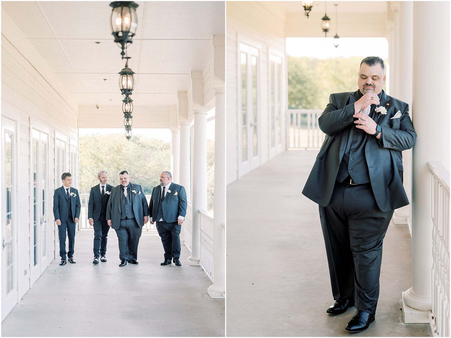 Wedding party members in formal attire walking down an elegant white columned hallway.