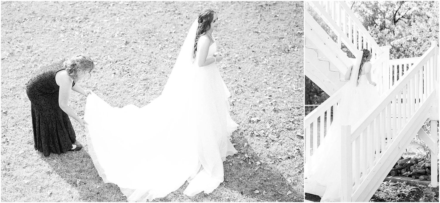 Black and white wedding photography sequence with elegant dress details.