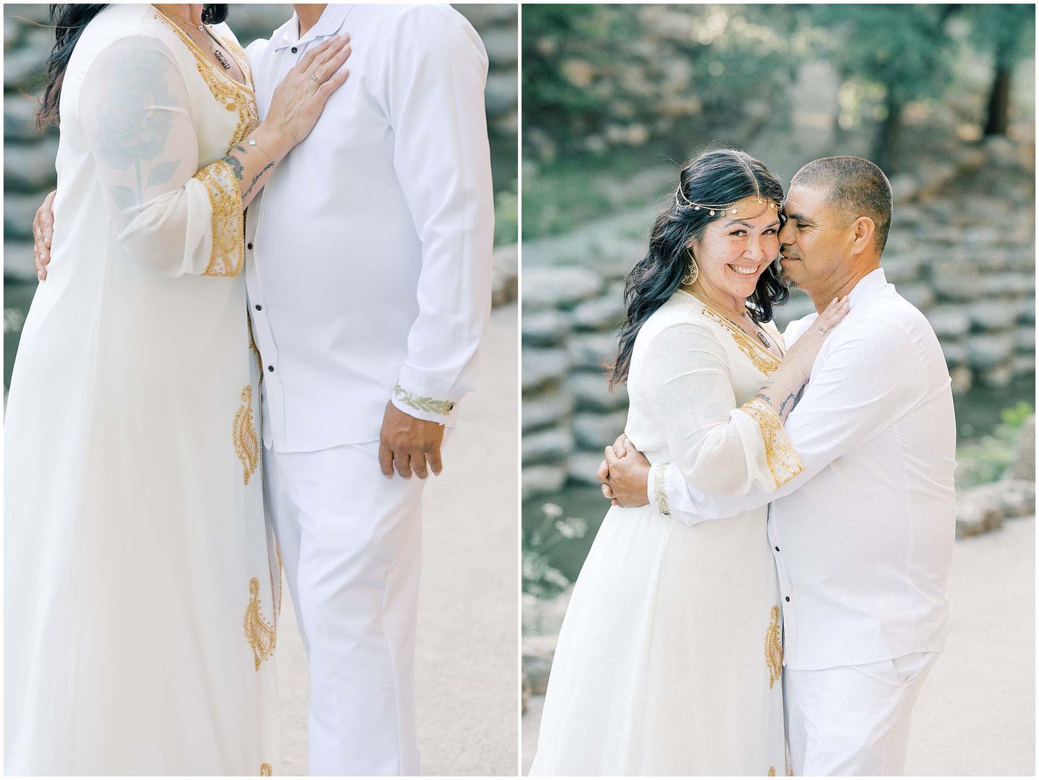 Intimate portraits of a couple in white clothing against a natural outdoor background.