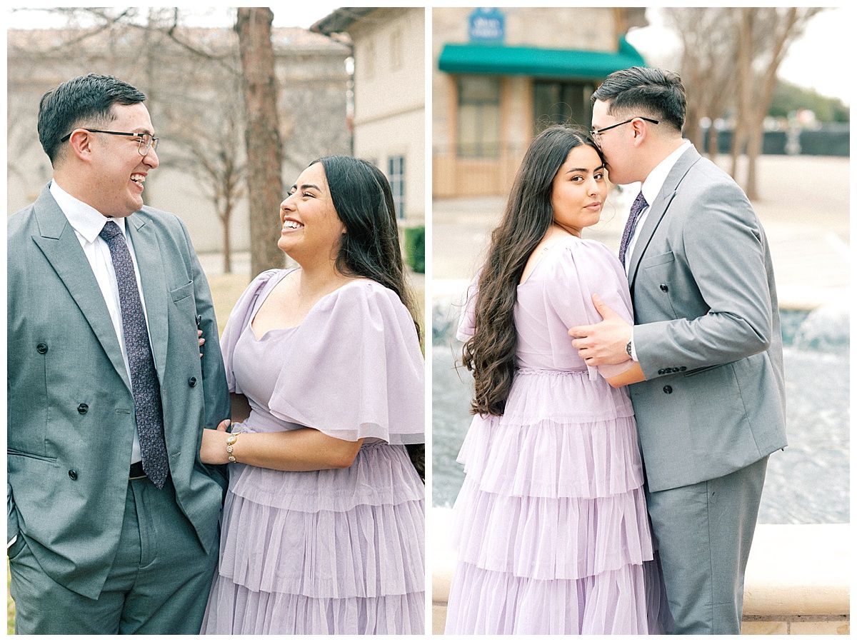 Romantic engagement photos showing a couple in grey suit and lavender dress posing together outdoors.