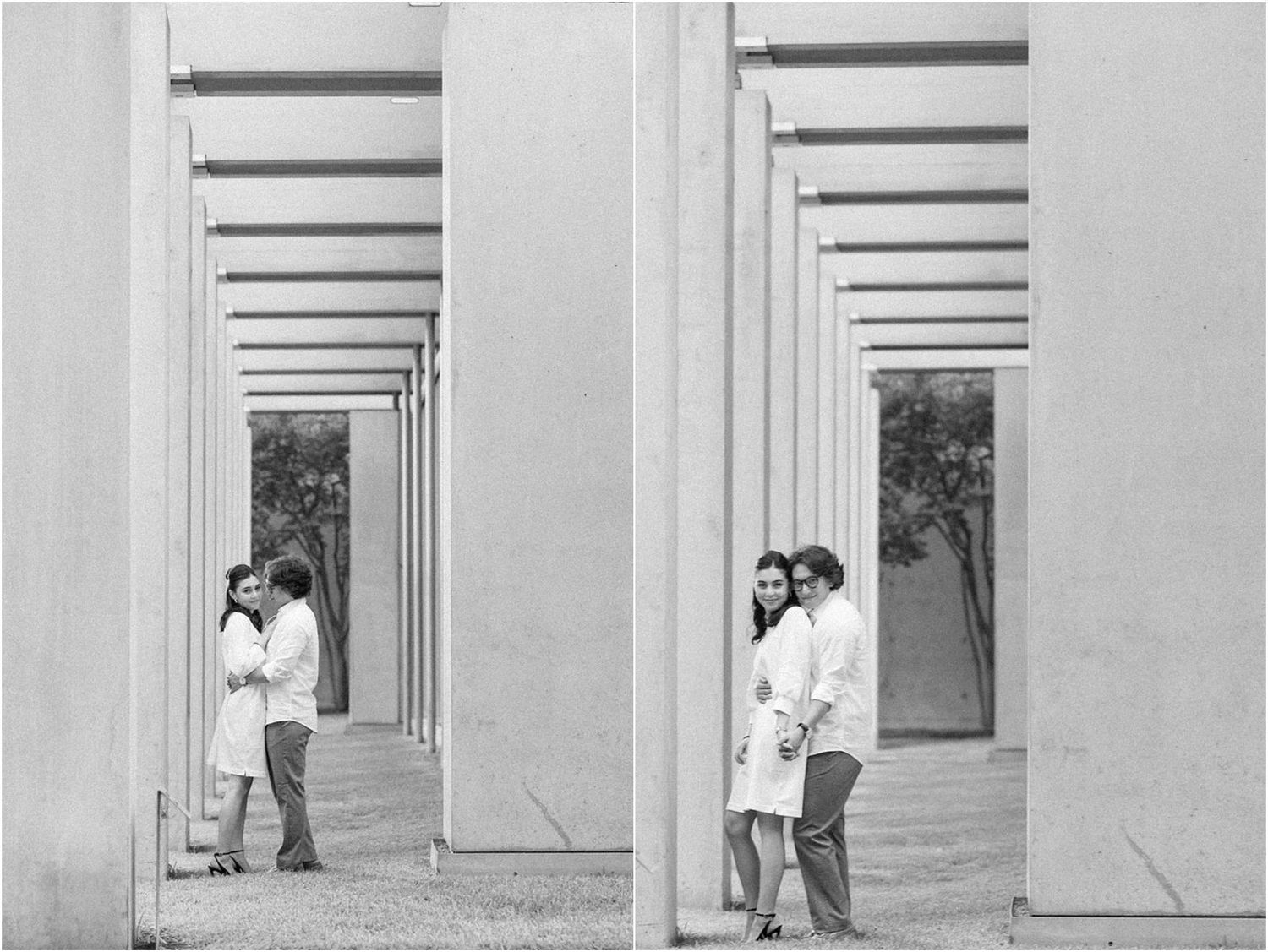 Architectural sequence showing white columns and doorways in a minimalist hallway.