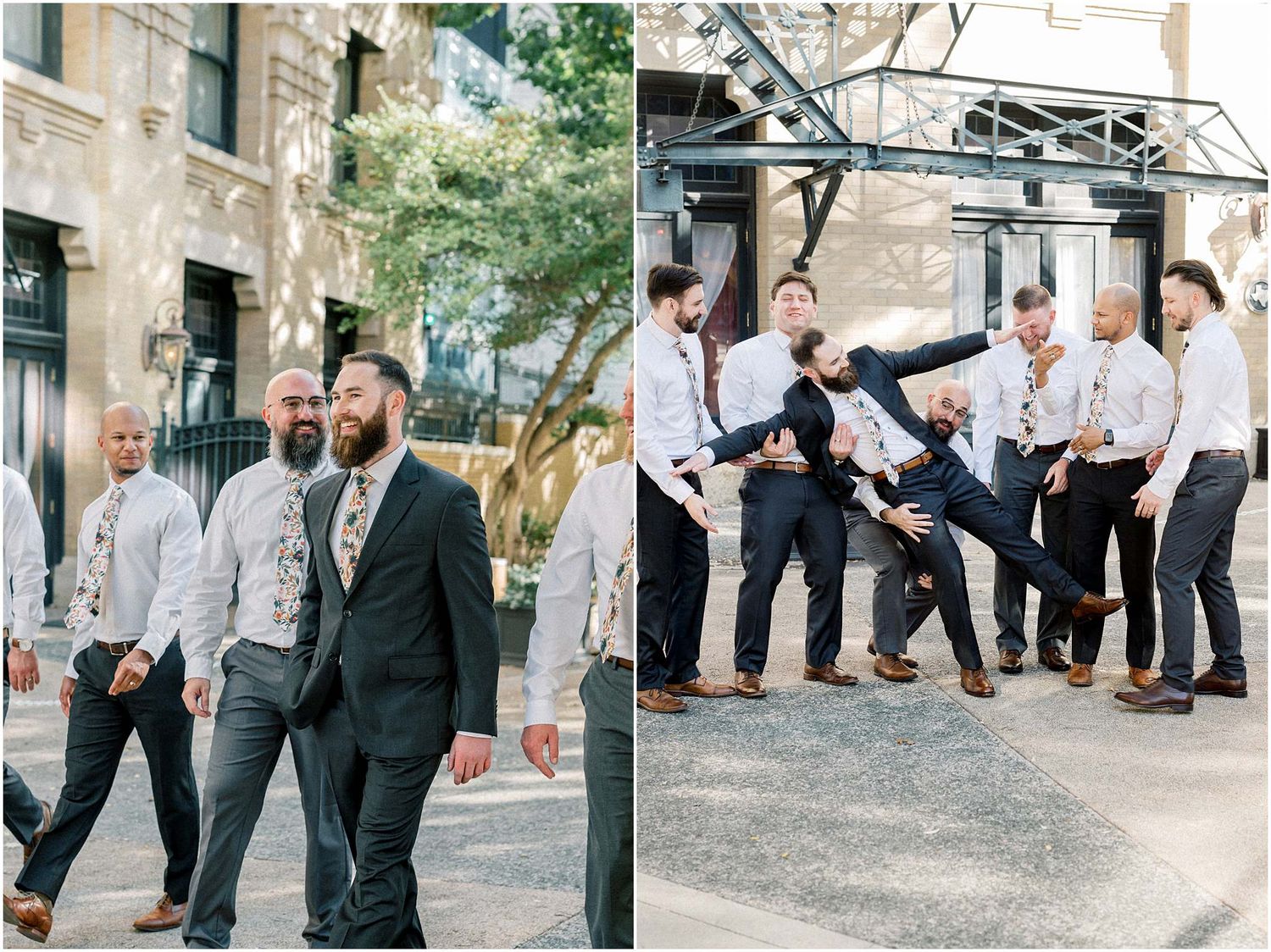 Wedding party members in formal attire posing together outdoors on stone steps.