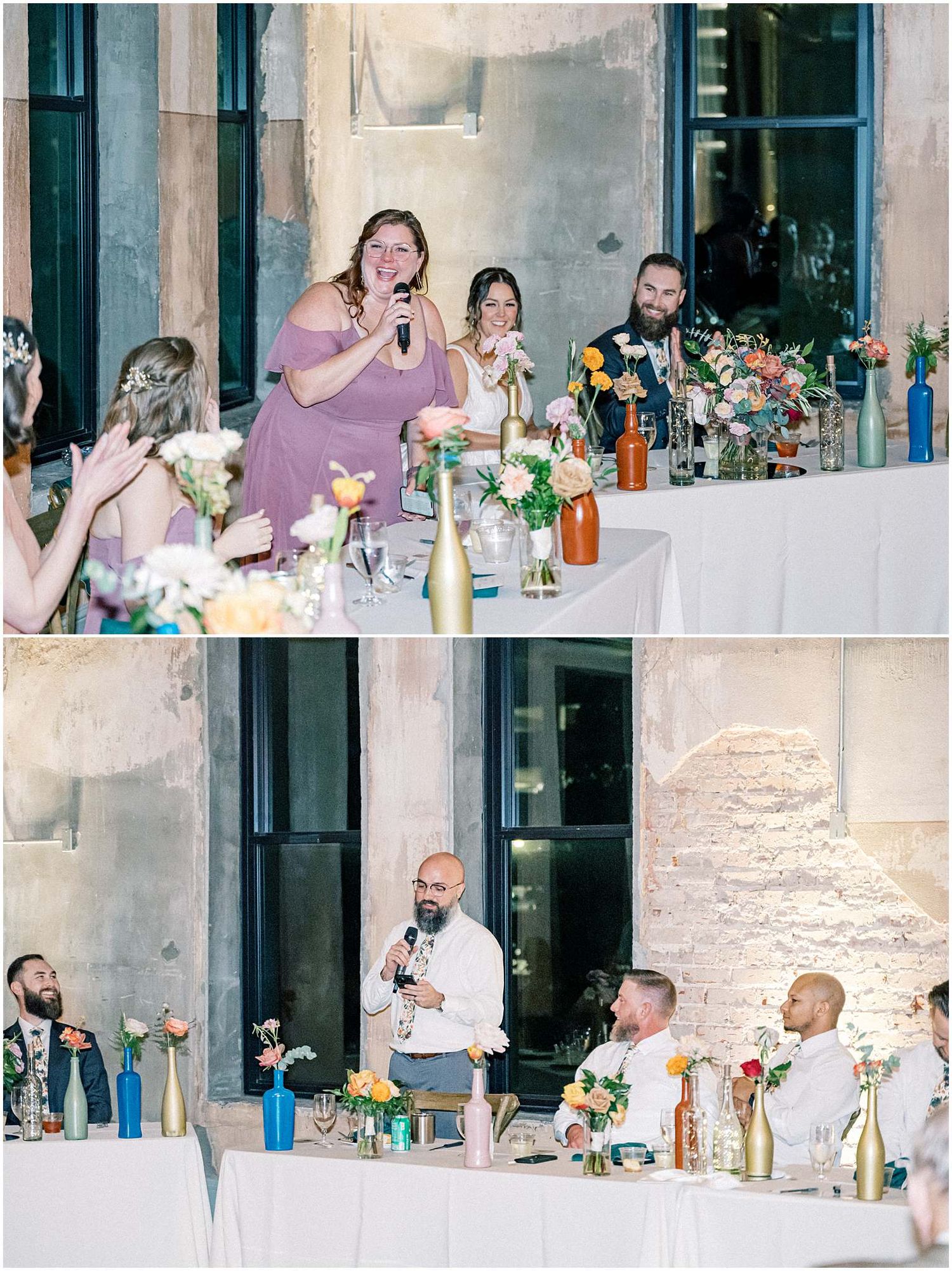 Wedding reception dinner setup with exposed brick walls and colorful table decorations.