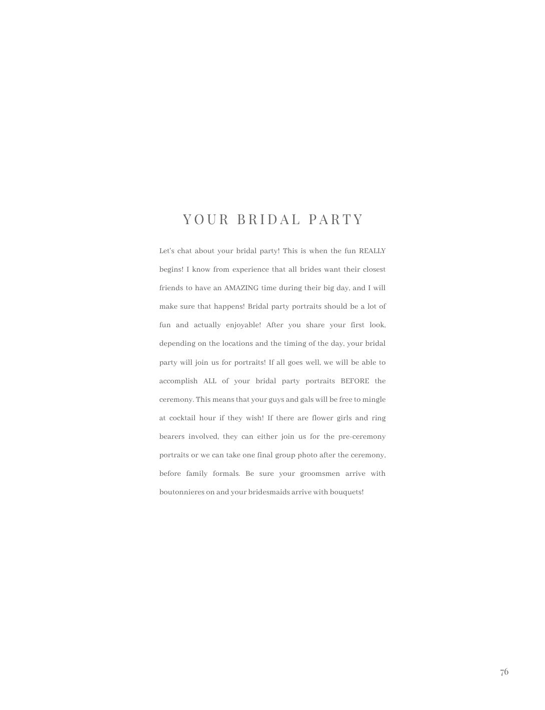 Wedding photography guide page titled Your Bridal Party with elegant serif typography on white background.